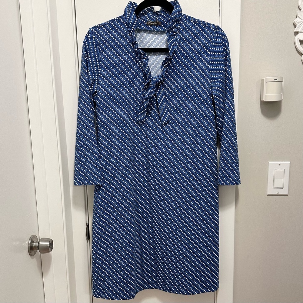 J. McLaughlin Blue & White Weave Print Stretch Dress M ruffle neckline 3/4 slv